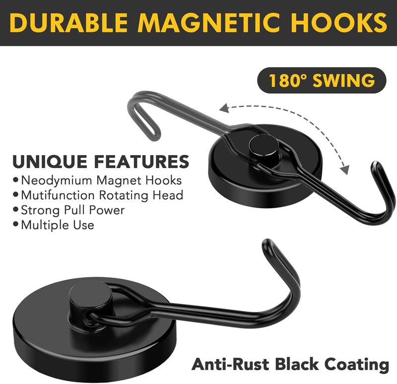 MIKEDE Black Magnetic Hooks Heavy Duty, 120LB Swivel Swing Strong Magnetic Hooks Cruise,Neodymium Hook Magnets for Hanging, Home, Workplace, Metal Door, Office and Garage - Pack of 4 - Image 2